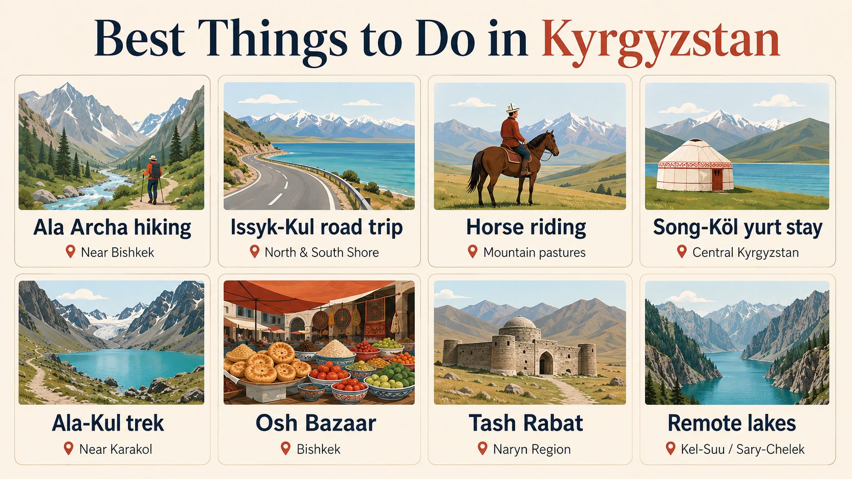 Minimalist infographic showing the best things to do in Kyrgyzstan, including Ala Archa, Issyk-Kul, horse riding, Song-Köl, Ala-Kul, Osh Bazaar, Tash Rabat and remote lakes