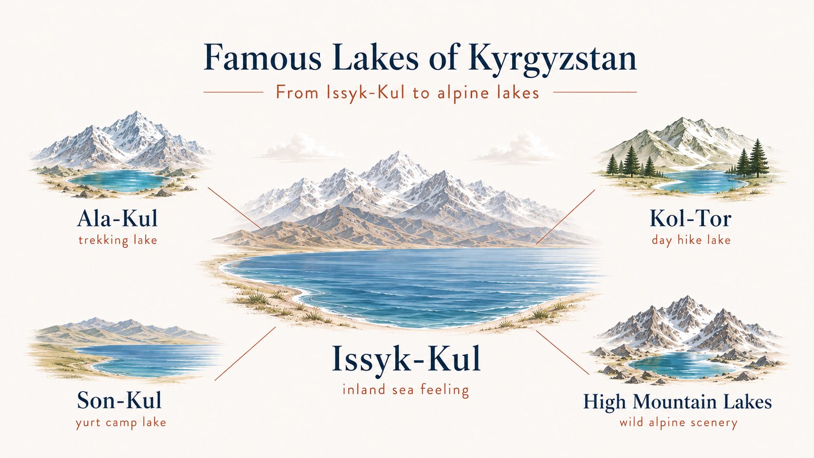 Infographic showing famous lakes of Kyrgyzstan including Issyk-Kul, Ala-Kul, Kol-Tor, Son-Kul and high mountain lakes