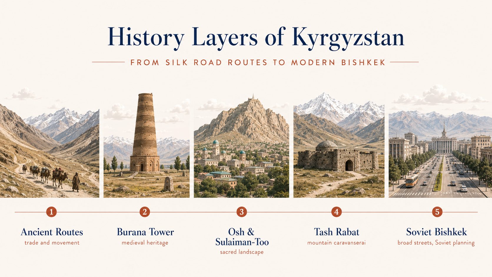 Timeline infographic showing history layers of Kyrgyzstan from ancient routes and Burana Tower to Osh, Sulaiman-Too, Tash Rabat and Soviet Bishkek