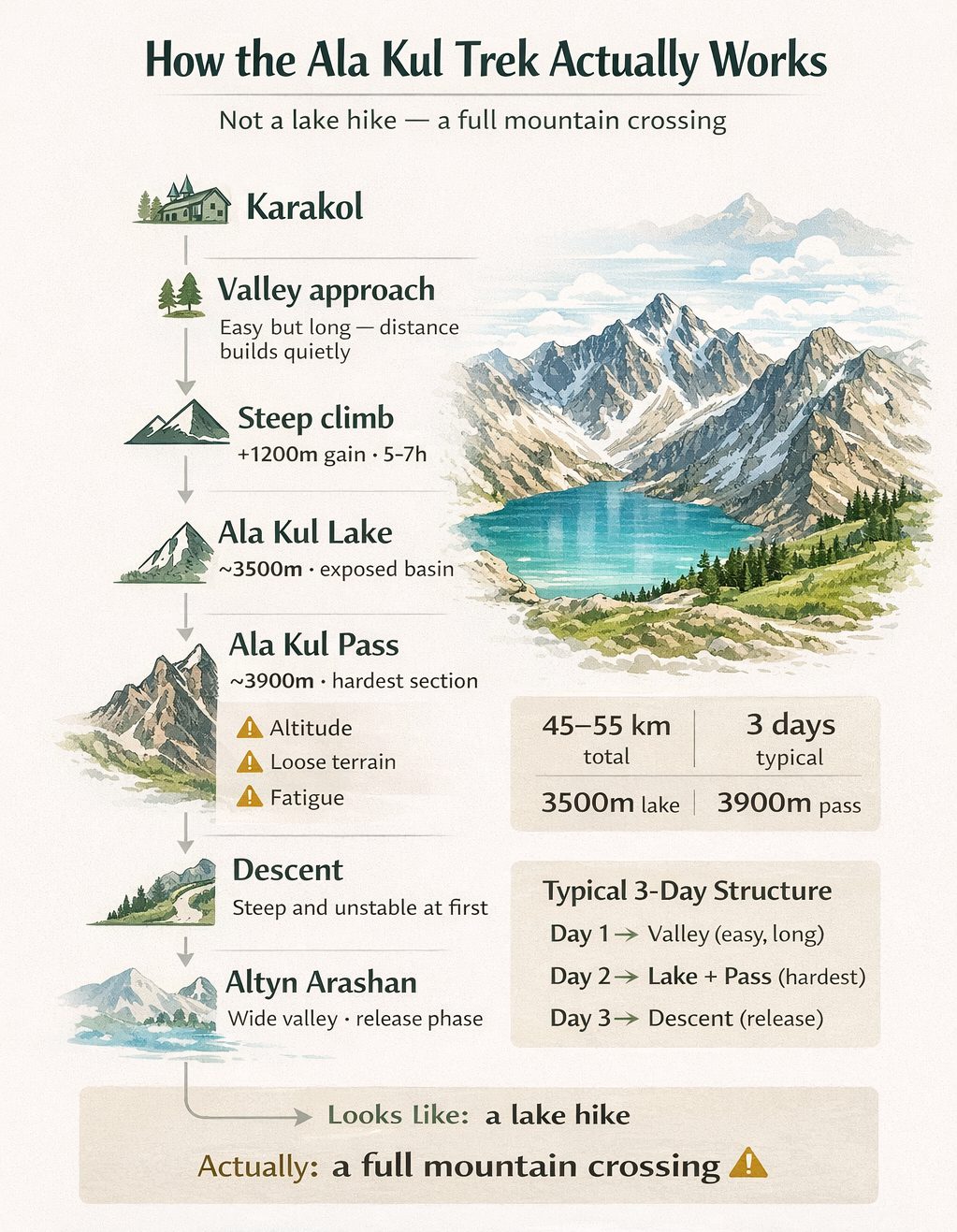 Ala Kul trek route explained from Karakol to Altyn Arashan showing valley approach, Ala Kul Lake, and Ala Kul Pass at 3900m