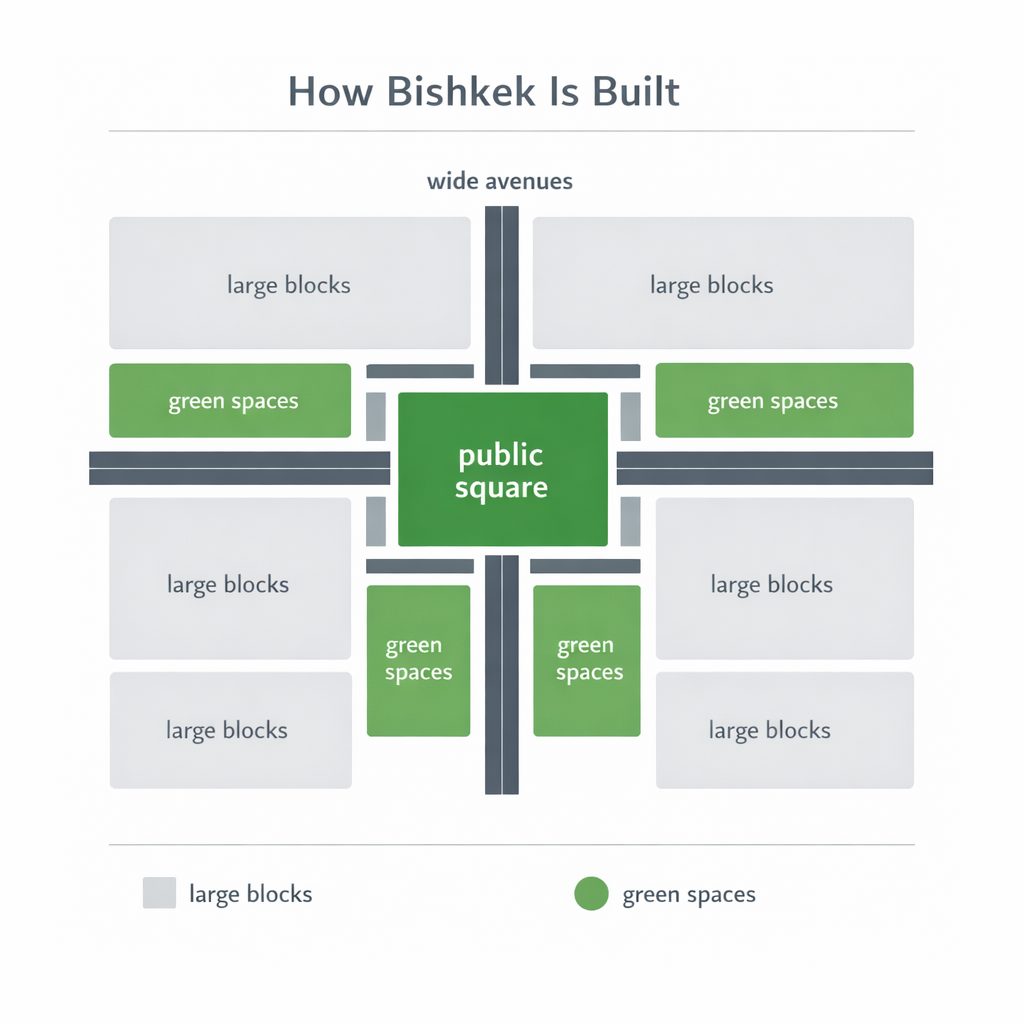 Soviet urban planning layout of Bishkek showing grid structure wide avenues and large city blocks