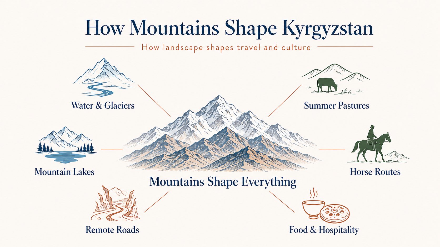 Infographic showing how mountains shape Kyrgyzstan through water and glaciers, summer pastures, horse routes, remote roads, mountain lakes, food and hospitality