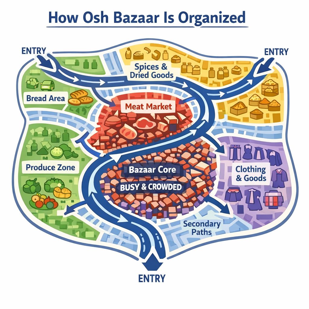 Osh Bazaar Bishkek layout showing bread spices meat produce and clothing sections