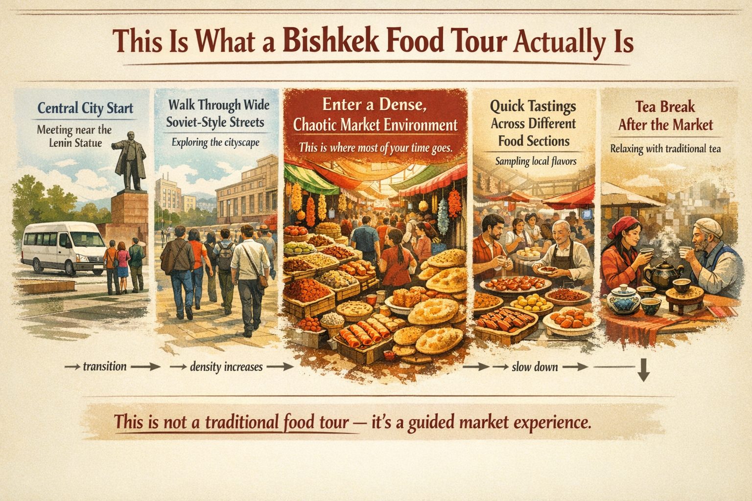 Step-by-step flow of a Bishkek food tour including meeting point, walking through the city, entering a local market, tasting food, and finishing with tea