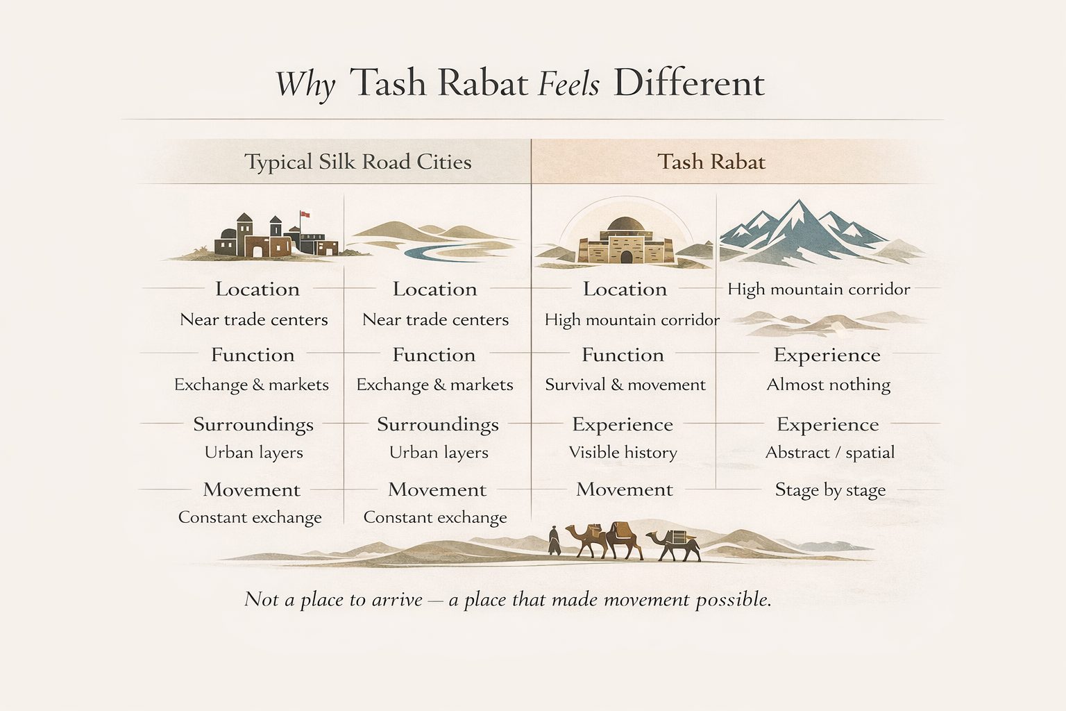 Comparison of Tash Rabat and typical Silk Road cities showing differences in location, function, surroundings and travel experience