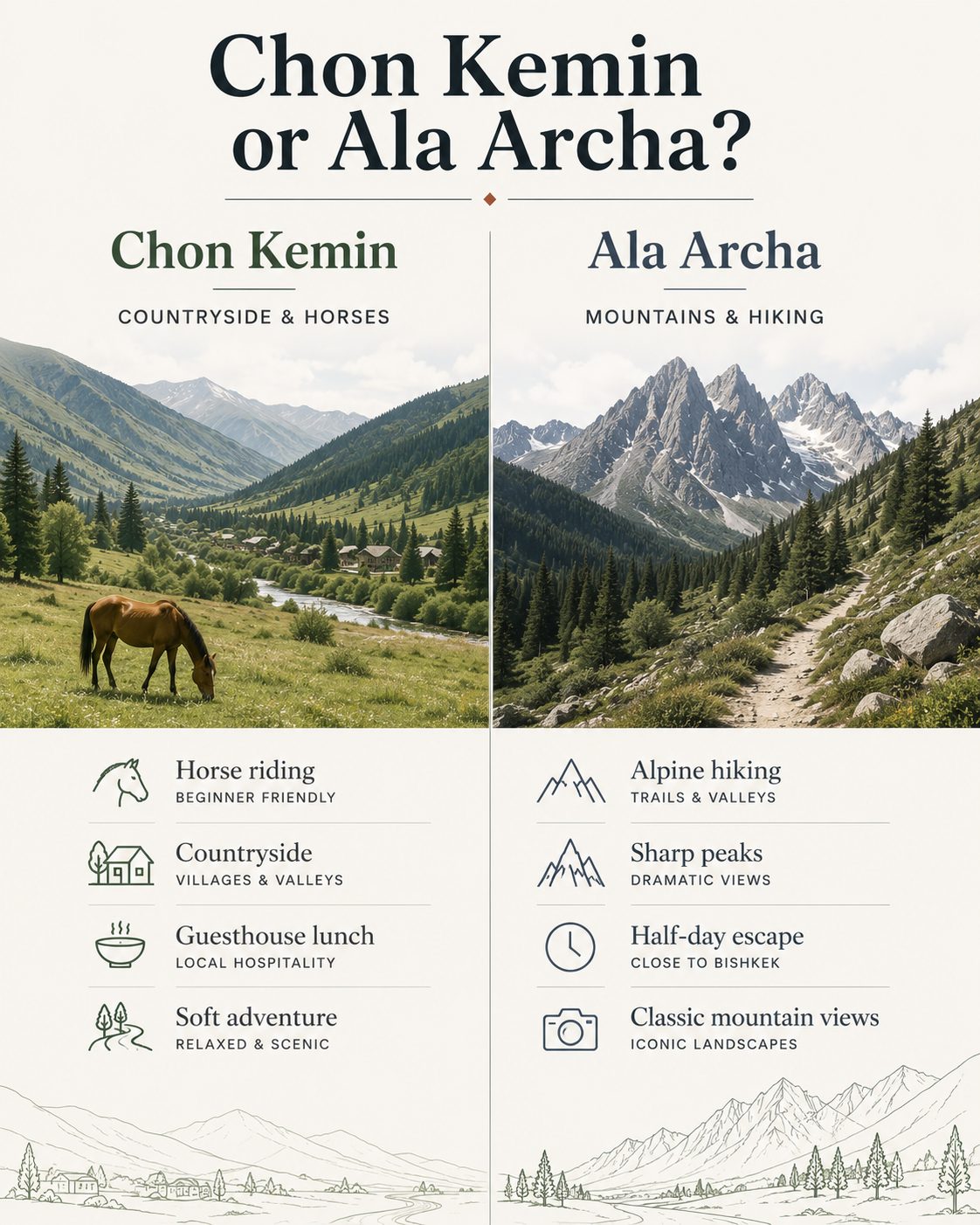 Infographic comparing Chon Kemin and Ala Archa for nature trips from Bishkek