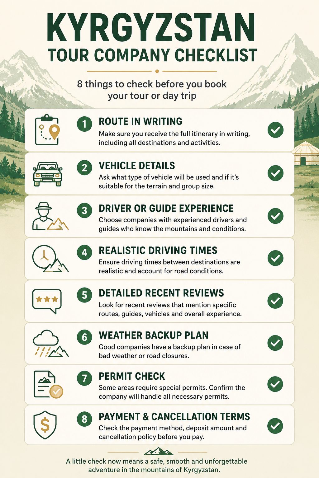 Kyrgyzstan tour company checklist infographic with eight things to check before booking, including route details, vehicle, guide experience, reviews, permits, weather backup plan, and payment terms.