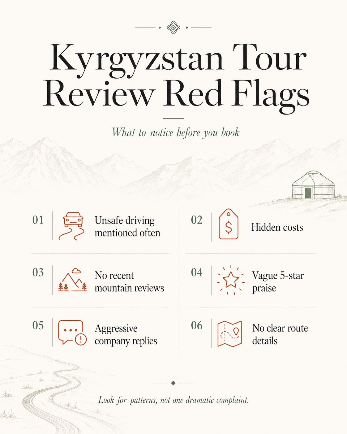 Infographic showing red flags to check in Kyrgyzstan tour reviews before booking
