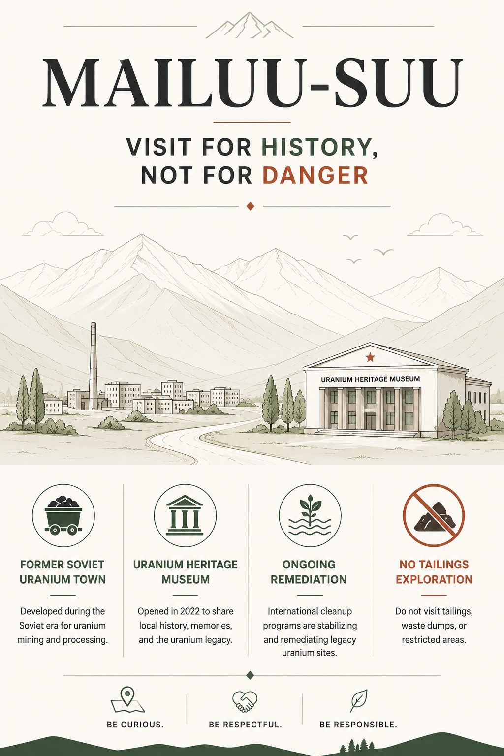 Minimalist infographic about Mailuu-Suu uranium history, heritage museum, remediation, and avoiding tailings exploration